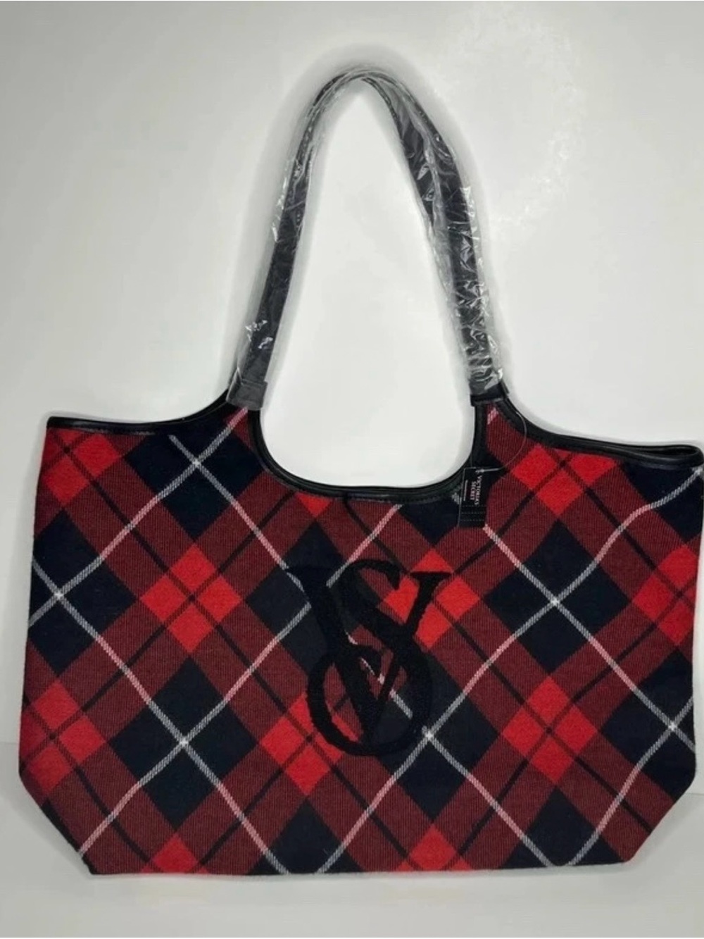 Victoria's Secret Red and Black Plaid Tote with Monogram